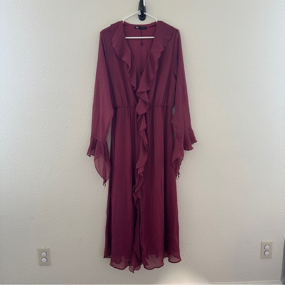 Zara Dresses & Skirts - ZARA Ruffle Maxi Dress | Boho Victorian Fairy Chic | Burgundy Size L